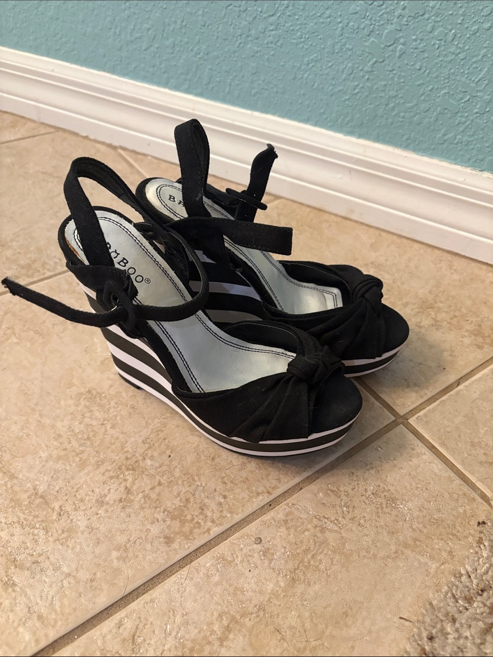 BAMBOO Black Knotted Ankle-Tie Striped Wedge Sandals
